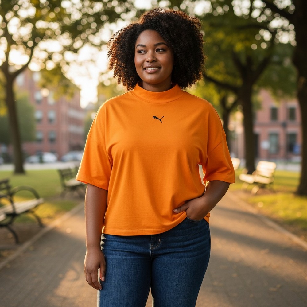 Puma Open Road High Neck Relaxed Fit Tee Orange Dopamine Bright Cropped Relaxed